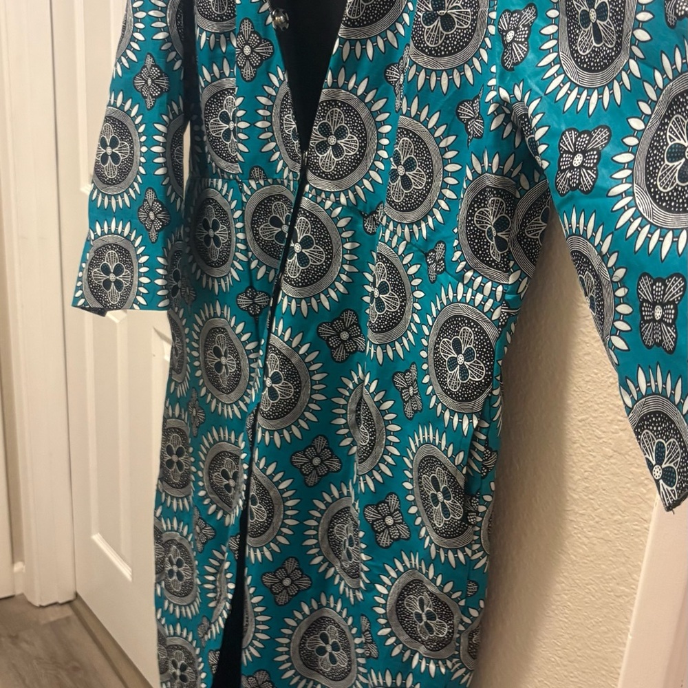 Vibrant Blue Patterned Tunic. May be worn as a dress or a jacket.